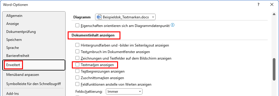 Word-Optionen Textmarken