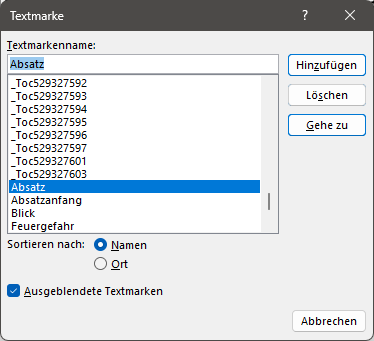 Textmarkenverwaltung in Word